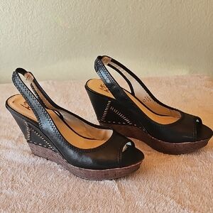 Elegant Black Leather Wedge Sandals